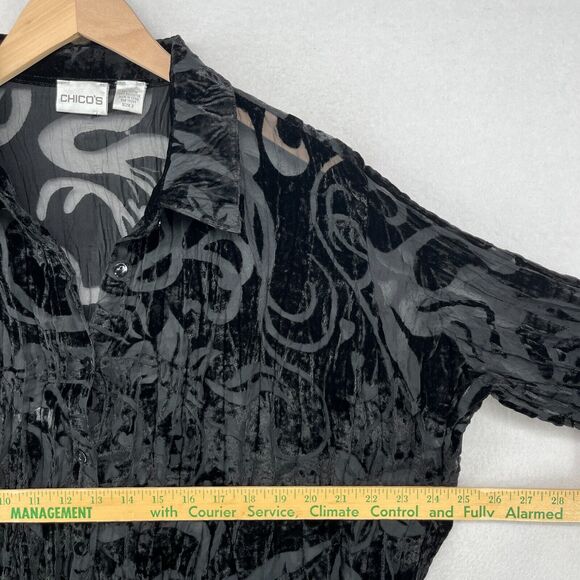 CHICOS Top 2 L Velvet Jacquard Burnout Evening Blouse Crinkle Button Up Black - Picture 11 of 13